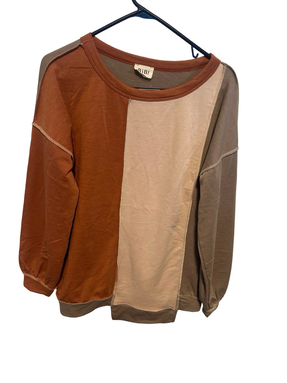 BiBi Colorblock Long Sleeve Top - Rust & Beige & Taupe Xl oversized